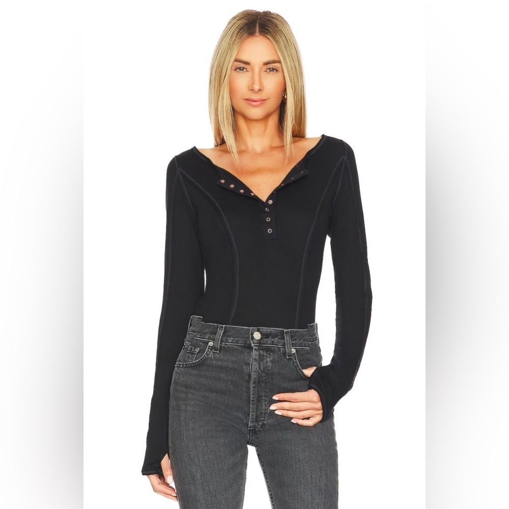 New Free People Sloane Henley Button Bodysuit Black long sleeve